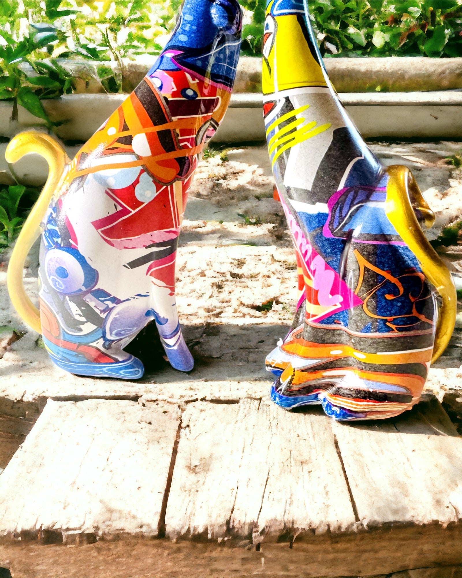 Abstrakte Kattefigurer "ArtCats", Håndmalet, Harpiks – 25 cm, 2 stk.