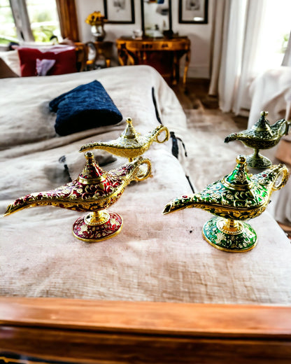 Magisk Aladdin Lampe med Gravering Mulighed - Mørkegrøn Variant, flettet med guld