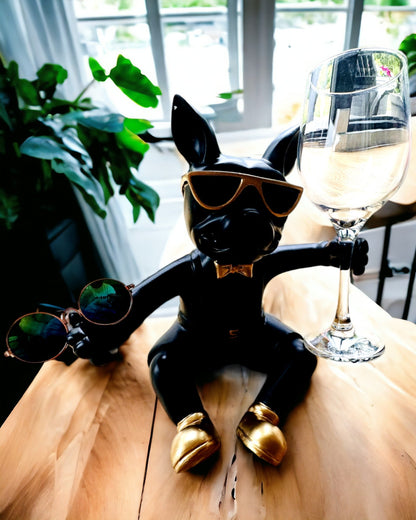 Eksklusiv Figur "Stilfuld Bulldog", farve sort, holder til vinglas eller champagneglas, personalisering med gravering